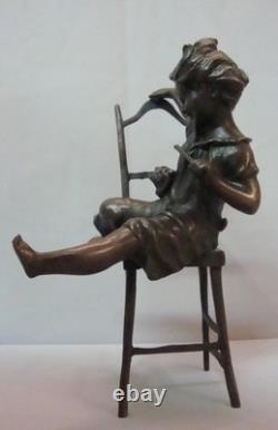 Statue Sculpture Girl Sitting in a Chair, Art Deco Style, Art Nouveau Style, Solid Bronze