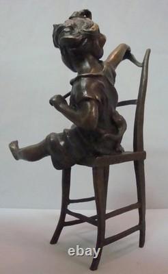 Statue Sculpture Girl Sitting in a Chair, Art Deco Style, Art Nouveau Style, Solid Bronze