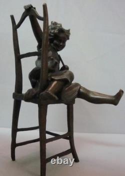 Statue Sculpture Girl Sitting in a Chair, Art Deco Style, Art Nouveau Style, Solid Bronze