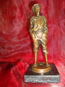 Statue Sculpture of a Whistling Boy in Art Deco and Art Nouveau Style, Solid Bronze