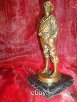 Statue Sculpture of a Whistling Boy in Art Deco and Art Nouveau Style, Solid Bronze