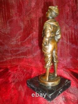 Statue Sculpture of a Whistling Boy in Art Deco and Art Nouveau Style, Solid Bronze