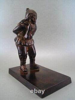 Statuette Art Deco Bronze Patinated Child Young Boy Playing In Winter