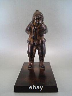 Statuette Art Deco Bronze Patinated Child Young Boy Playing In Winter