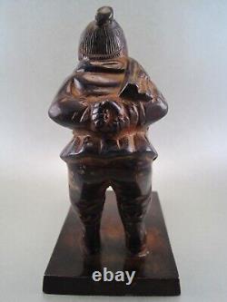 Statuette Art Deco Bronze Patinated Child Young Boy Playing In Winter