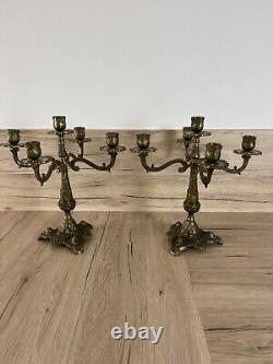 Sublime Pair of Gilded Bronze 5-Light Chandeliers, 4 Art Deco Branches Signed