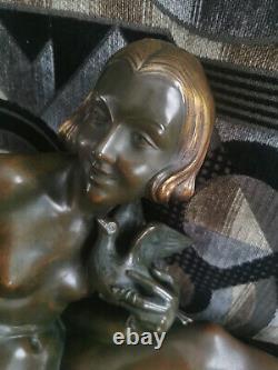 Superb Art Deco Bronze Armand Godard 1920 1930 Young Lady with the Dove