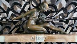 Superb Art Deco Bronze Armand Godard 1920 1930 Young Lady with the Dove