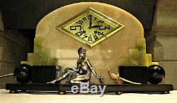 Superb Art Deco Marble Onyx Clock Bronze Clock Set French Garnish