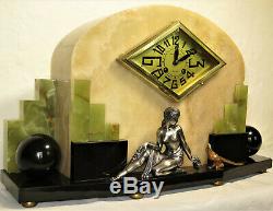 Superb Art Deco Marble Onyx Clock Bronze Clock Set French Garnish