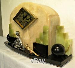 Superb Art Deco Marble Onyx Clock Bronze Clock Set French Garnish