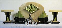 Superb Art Deco Marble Onyx Clock Bronze Clock Set French Garnish