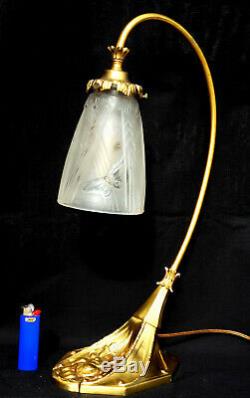 Superb Large Bronze Art-deco Lamp, Rare Butterfly Muller Tulip, Era Daum