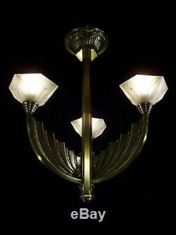 Suspension Modernist Art Deco Three Fires Bronze And Glass Pressed 1930