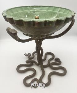 Thick Glass Cup / Silver / Bronze Mounting / 3 Intertwined Serpents / Art Deco