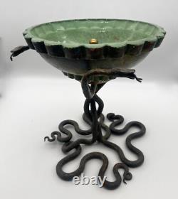 Thick Glass Cup / Silver / Bronze Mounting / 3 Intertwined Serpents / Art Deco