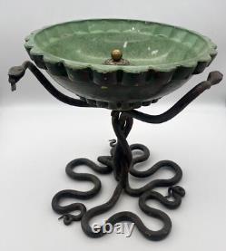 Thick Glass Cup / Silver / Bronze Mounting / 3 Intertwined Serpents / Art Deco