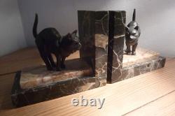 Three Beautiful Art Deco Cat Bookends on Marble