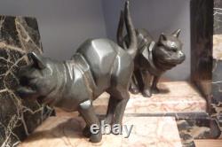 Three Beautiful Art Deco Cat Bookends on Marble