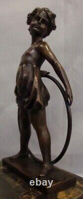 Translation: Solid Bronze Art Deco Style Art Nouveau Style Sculpture Statue of a Girl with a Hoop.