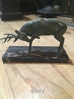 Tres Beau Cerf En Regule Patine Verte Socle Bronze Art Deco / Sculpture Ancien