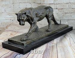 True Bronze Metal Statue On Marble Base Female Lion Sculpture Art Deco