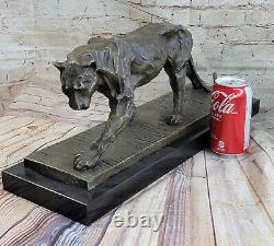 True Bronze Metal Statue On Marble Base Female Lion Sculpture Art Deco