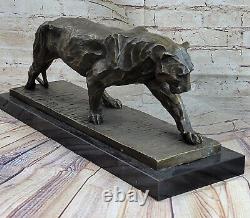 True Bronze Metal Statue On Marble Base Female Lion Sculpture Art Deco