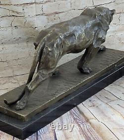 True Bronze Metal Statue On Marble Base Female Lion Sculpture Art Deco