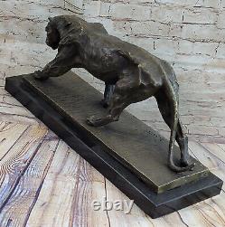 True Bronze Metal Statue On Marble Base Female Lion Sculpture Art Deco