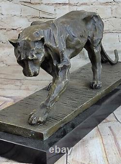 True Bronze Metal Statue On Marble Base Female Lion Sculpture Art Deco