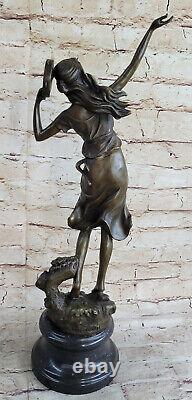 Turkish Woman Playing Art Deco Bronze Musical Tambourine Sculpture by Moreau