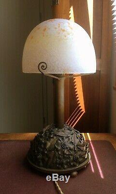 Unique Lamp Art-deco Bronze Signed Carion Dome Pte Glass Signed Schneider