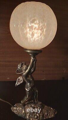 VERY BEAUTIFUL ART DECO LAMP ANGEL EROS PUTTI LOVE CUPID bronze gilt brass