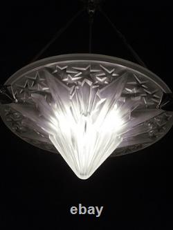 Verrerie Des Hanots Art Deco Suspension in Nickel-Plated Bronze & Pressed Glass Bowl