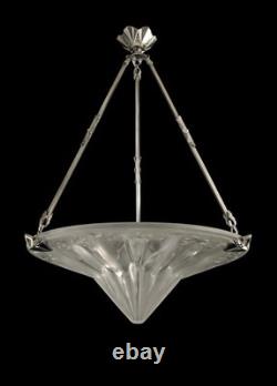 Verrerie Des Hanots Art Deco Suspension in Nickel-Plated Bronze & Pressed Glass Bowl
