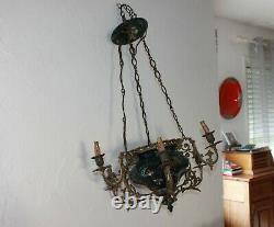 Very Old Chandelier Suspension In Bronze With 6 Arms. Porcelain Hand-painted