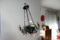 Very Old Chandelier Suspension In Bronze With 6 Arms. Porcelain Hand-painted