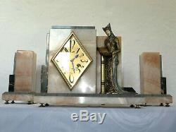 Very Rare! Marble Bronze Clock Set Clock Chryselephantine Signed Art Deco