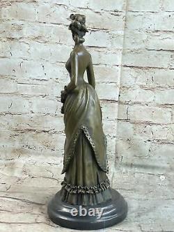 Victorien Lady Signed Sculpture Elegant Art Nouveau Bronze Statue Figure Deco