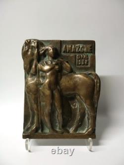 Vintage Art Deco Bronze Plaque of an Amazon and Her Horse, Signed DNS, 20th Century