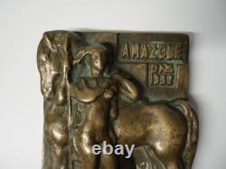 Vintage Art Deco Bronze Plaque of an Amazon and Her Horse, Signed DNS, 20th Century