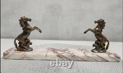 Vintage Art Deco Horse Bronze and Marble Bookends Signed TEDD