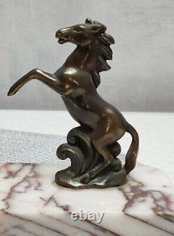 Vintage Art Deco Horse Bronze and Marble Bookends Signed TEDD