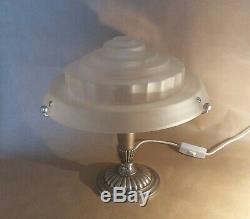 Vintage Art Deco Modernist Skyscraper Lamp, Nickel-plated Bronze And Glass Shade