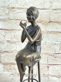 Vintage Bronze Font Little Girl Sitting On Chair Sculpture Art New Deco