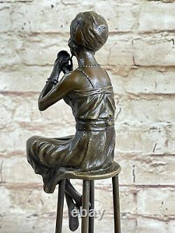 Vintage Bronze Font Little Girl Sitting On Chair Sculpture Art New Deco