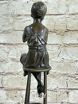 Vintage Bronze Font Little Girl Sitting On Chair Sculpture Art New Deco