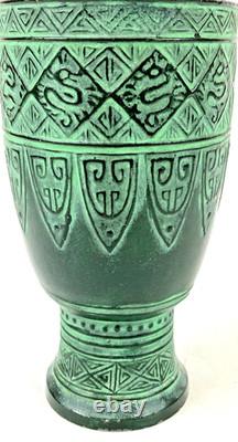Vintage Japanese bronze vase in archaic style with relief motif, antique Art Deco style