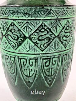 Vintage Japanese bronze vase in archaic style with relief motif, antique Art Deco style